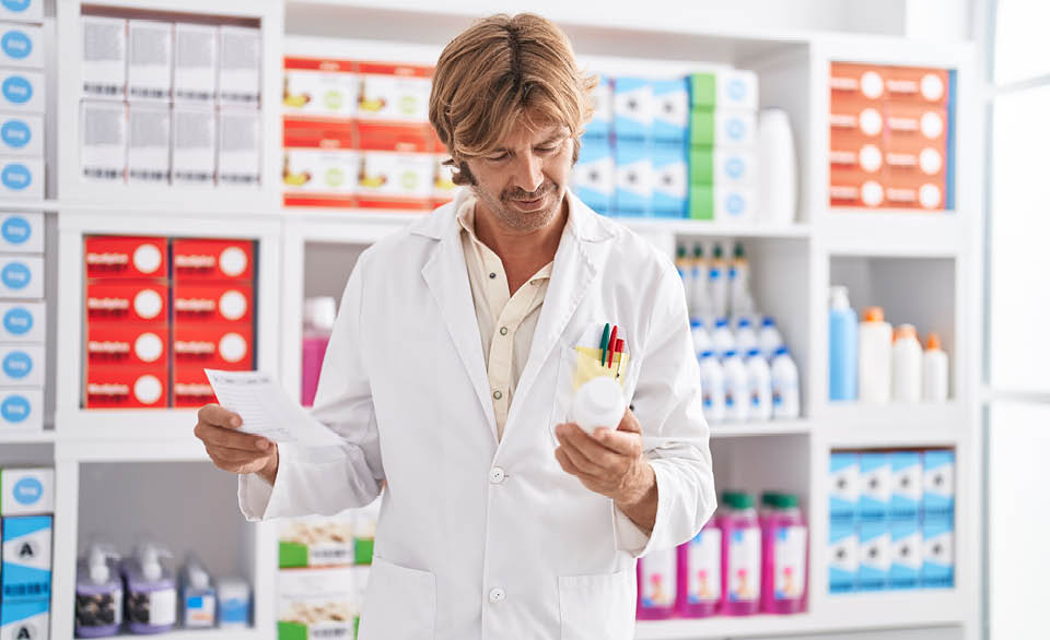 Pharmacist reviewing a prescription and medication bottle in a pharmacy aisle with shelves of products in the background.