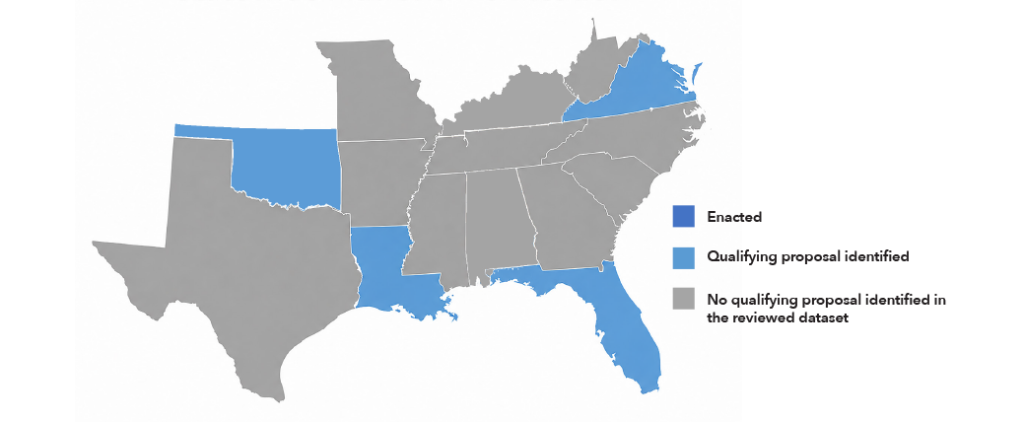 Map showing proposed statewide platform verification requirements for short-term rental platforms in Louisiana, Florida, Virginia, and Oklahoma.