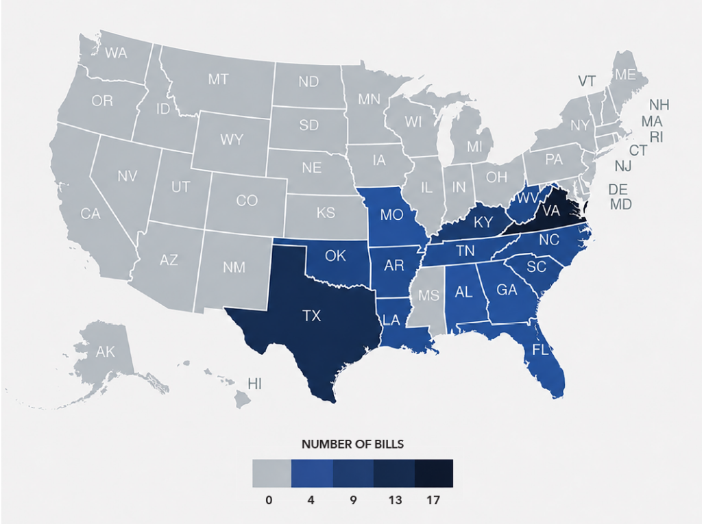 U.S. map showing the number of short-term rental bills introduced in CSG South states from 2022 to 2026, with darker shading indicating more legislation.