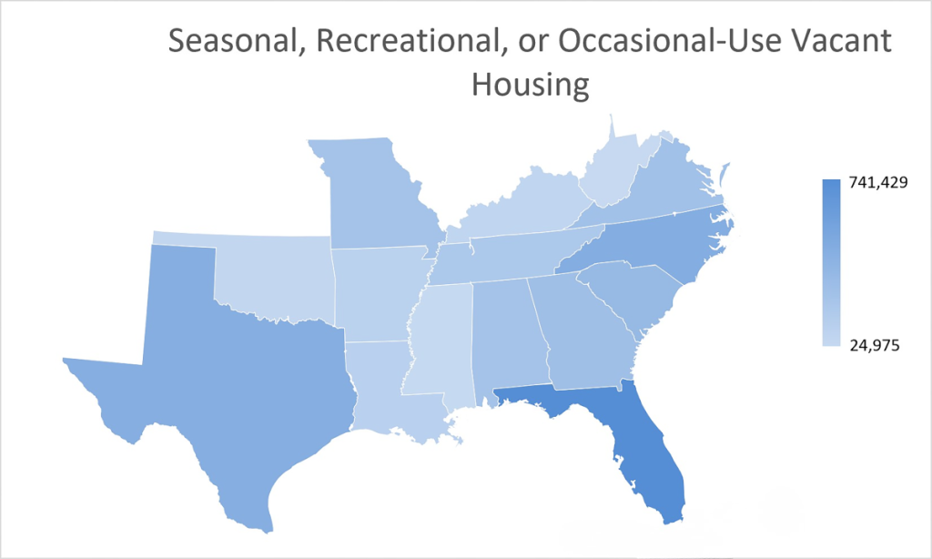 Map showing seasonal and recreational vacant housing units across Southern states in 2024.