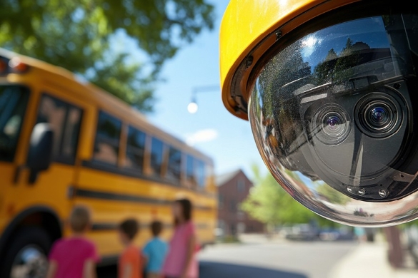 Traffic enforcement camera mounted near a school bus and children in a school zone.
