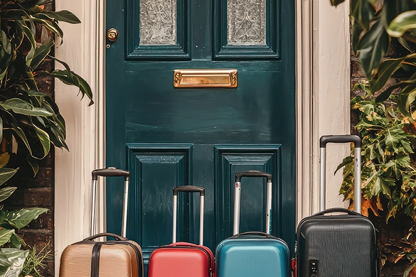 Four rolling suitcases lined up outside the front door of a residential property, illustrating short-term rental or vacation lodging accommodations.