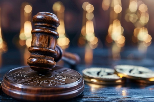 Gavel and cryptocurrency coins symbolize state policies, regulation, and use of digital assets.