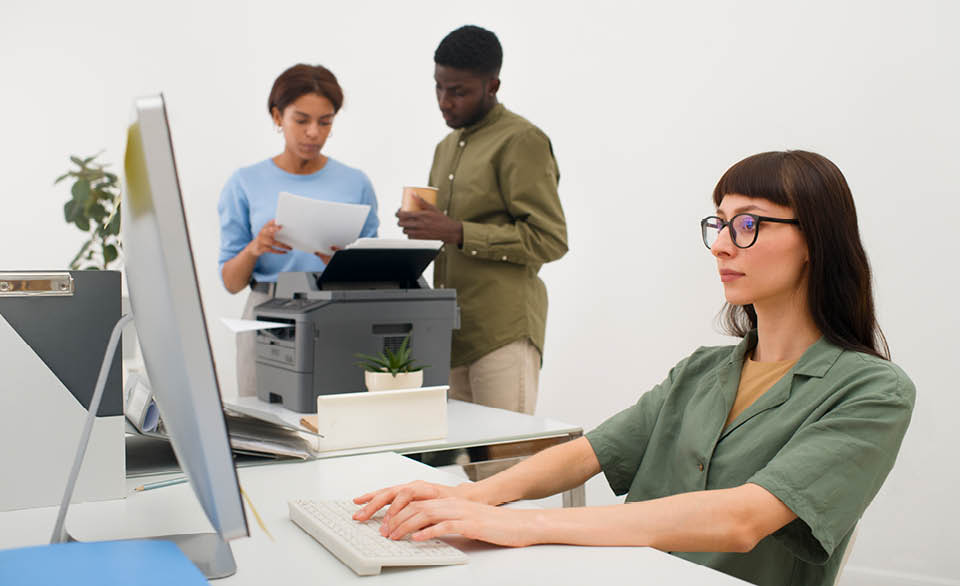 Office worker typing at a computer while two coworkers review documents beside a printer in a workplace setting.