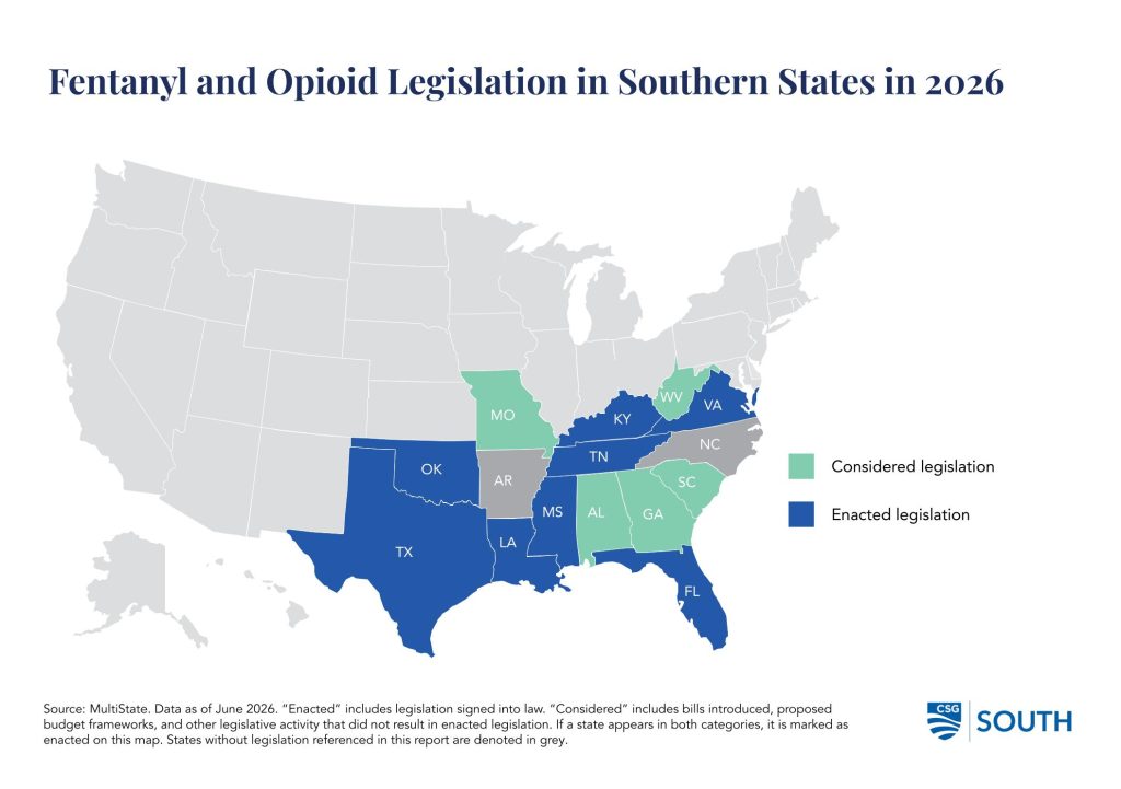 Map illustrating fentanyl and opioid legislation activity across Southern states in 2026, highlighting states that enacted legislation and those that considered policy measures.