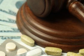 Close-up image of a wooden judge’s gavel resting on a sound block, with prescription pills and U.S. currency in the background, symbolizing legal and policy responses to drug-related issues