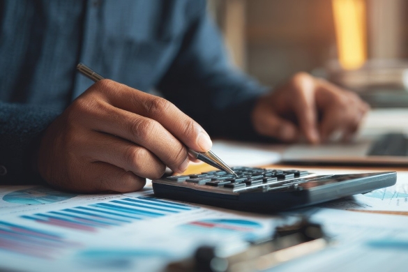 Performance Metrics: Hand using a calculator with financial reports and charts.