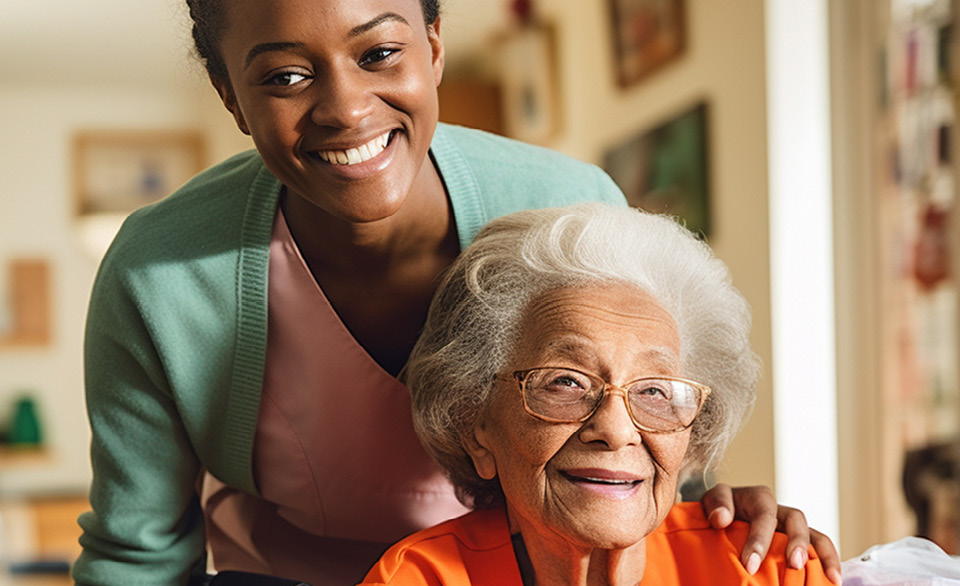 Home caregiver stands beside an older adult in a residential setting.