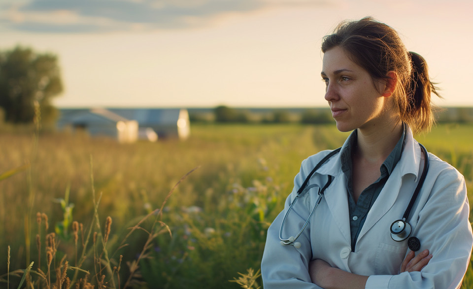 Healthcare professional with a stethoscope stands in a rural field near farm buildings.